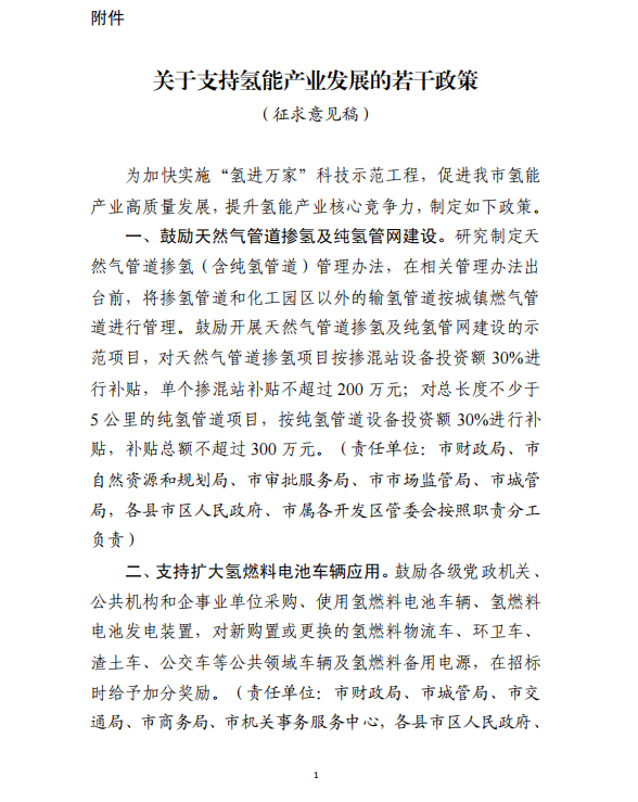 濰坊市發布氫能政策征求意見稿，繼續對加氫站建設和運營進行補貼